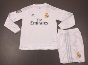 Kids Real Madrid 2015-16 Home Long Sleeve Soccer Kits(Shirt+Shorts)